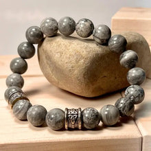 Load image into Gallery viewer, Grey Mapstone Jasper Bracelet with Trinity Knot 10mm (Unisex)