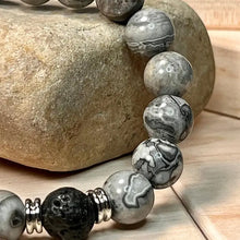 Load image into Gallery viewer, Grey Mapstone & Lava Gemstone Mala Bracelet 10mm (Unisex)