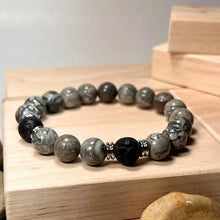 Load image into Gallery viewer, Grey Mapstone & Lava Gemstone Mala Bracelet 10mm (Unisex)