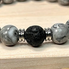 Load image into Gallery viewer, Grey Mapstone & Lava Gemstone Mala Bracelet 10mm (Unisex)