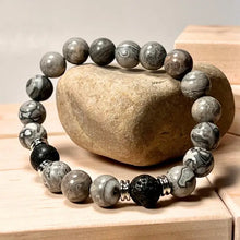 Load image into Gallery viewer, Grey Mapstone & Lava Gemstone Mala Bracelet 10mm (Unisex)