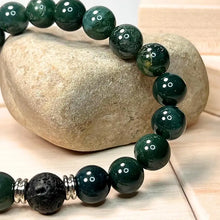 Load image into Gallery viewer, Green Moss Agate & Lava Gemstone Mala Bracelet 10mm (Unisex)
