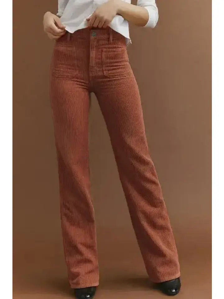 Corduroy High Waist Pocketed Pants-Brown