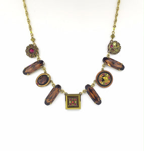 "LA DOLCE VITA" Oblong Smokey Amber Antique Gold Necklace