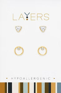 Gold Triangle CZ & Open Circle CZ Pair Duo Stud Layers Earrings