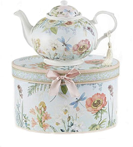 9.5 X 5.6" Porcelain Tea Pot In Gift Box, Dragonfly