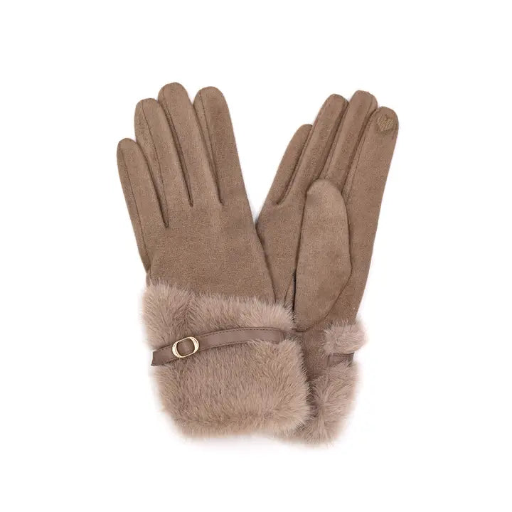 Beige Faux Fur Cuff Smart Gloves w/Strap