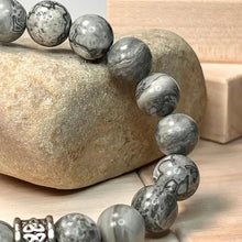 Load image into Gallery viewer, Grey Mapstone Jasper Bracelet with Trinity Knot 10mm (Unisex)
