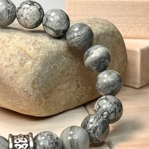 Grey Mapstone Jasper Bracelet with Trinity Knot 10mm (Unisex)