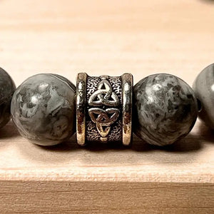 Grey Mapstone Jasper Bracelet with Trinity Knot 10mm (Unisex)