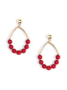 Shiny metal, RED, hoop drop earrings with beads