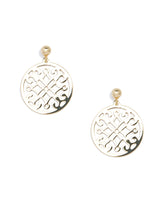 Load image into Gallery viewer, Shiny GOLD metal drop earrings in ornate pendant design.
