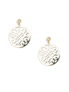 Shiny GOLD metal drop earrings in ornate pendant design.