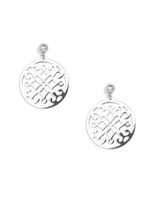 Shiny metal, SILVER, drop earrings in ornate pendant design.