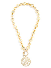 Load image into Gallery viewer, Chunky, beaded shiny GOLD  metal collar necklace with a laser-cut Ornate pendant

