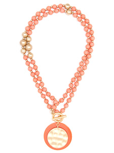 Matte, beaded necklace, CORAL, with a matte gold coin